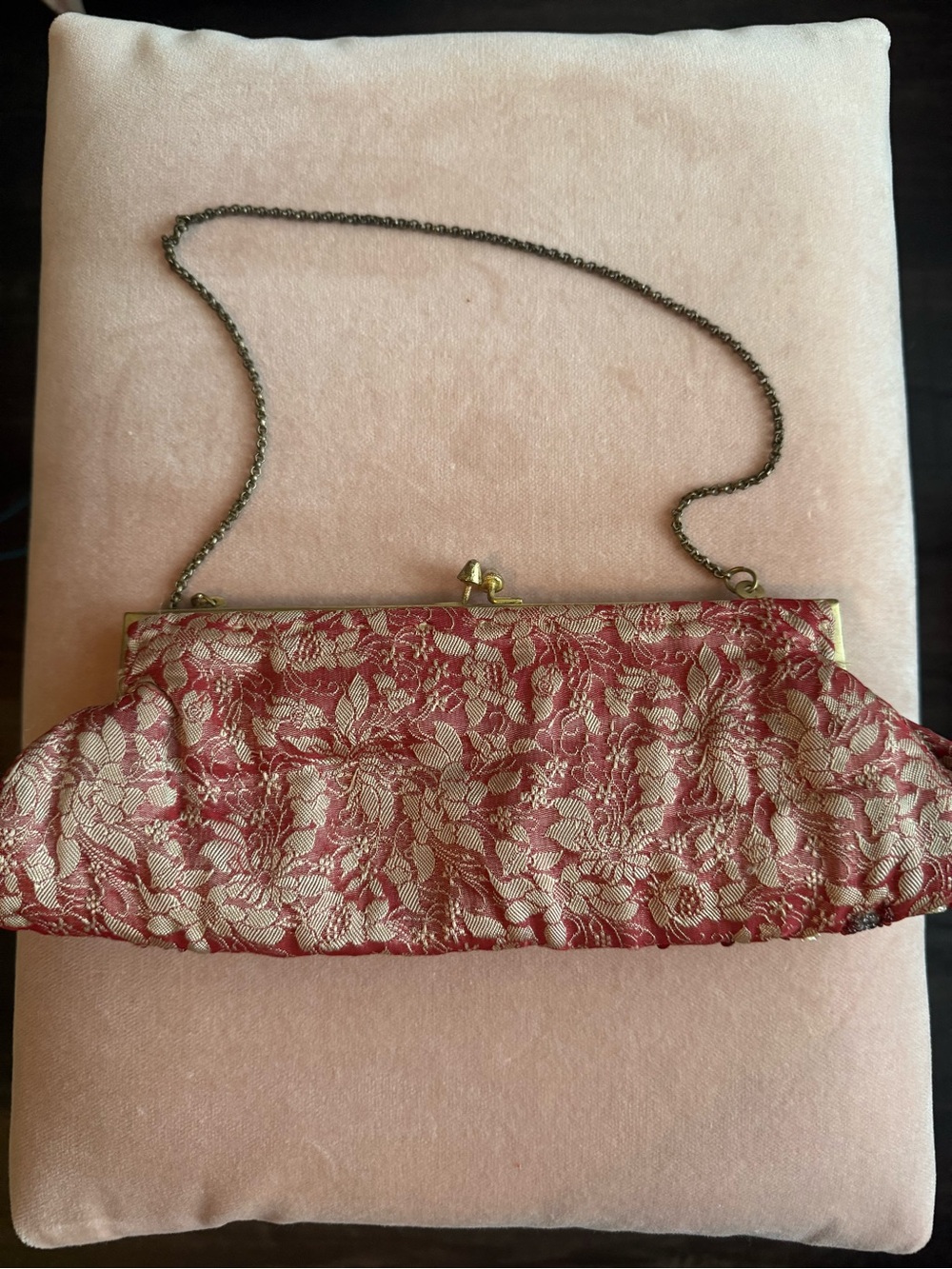Vintage Beaded Floral Brocade Evening Clutch Purse Kiss Lock Chain Strap Red Pin - Picture 3 of 8